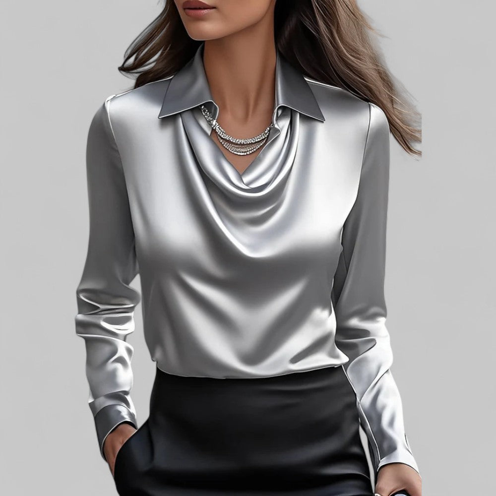 Lily | Elegant Satin Long-Sleeve Blouse With Soft Draped Neckline
