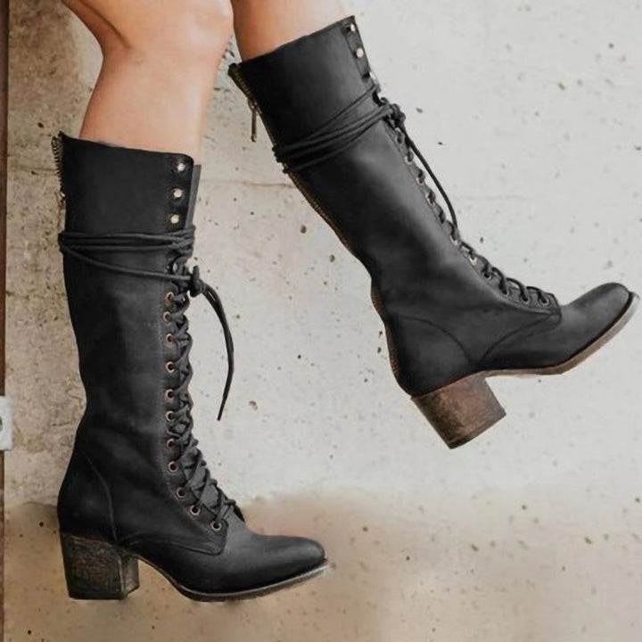 Zara | Lace-Up Knee-High Women’s Boots With Block Heel