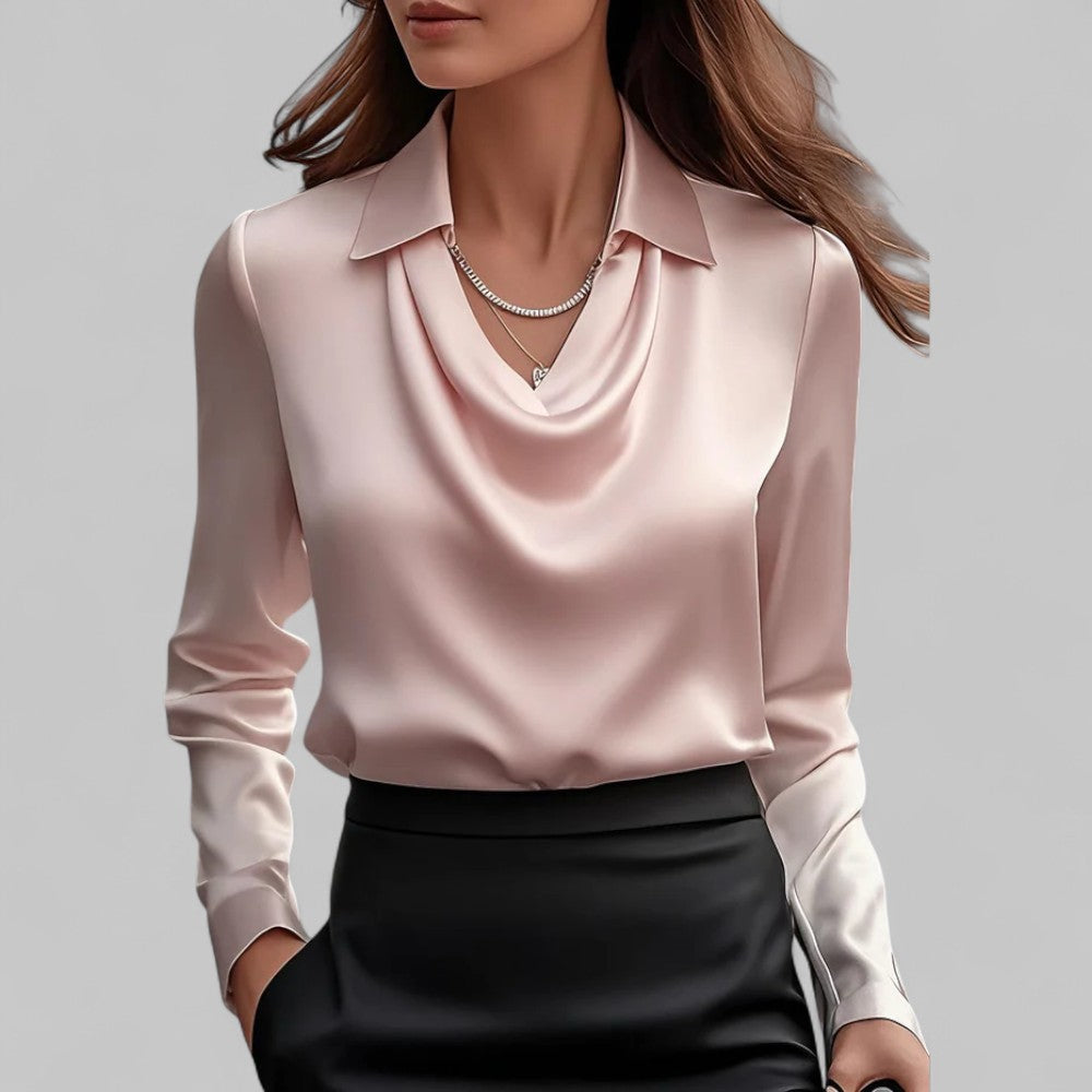 Eleanor | Women’s Cowl Neck Long Sleeves Satin Pullover Blouse