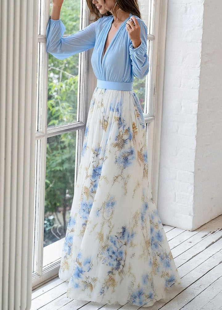 ELENA | Women’s Long-Sleeve Maxi Dress With Deep V-Neck And Flowing Printed Skirt