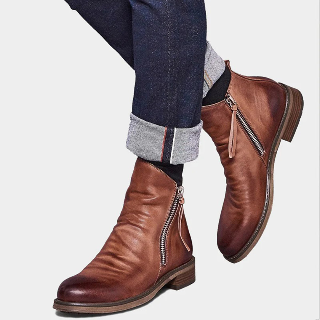 Liam | Casual Brown Leather Zip-Up Boots For Men