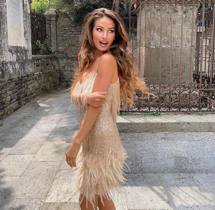 Aria | Stylish Feather Trim Mini Dress For Women