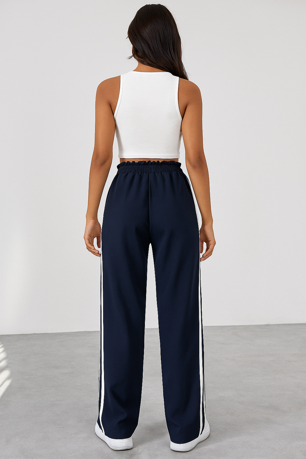 Madison | Women’s Sporty High-Waisted Jogger Pants in Black with White Stripes