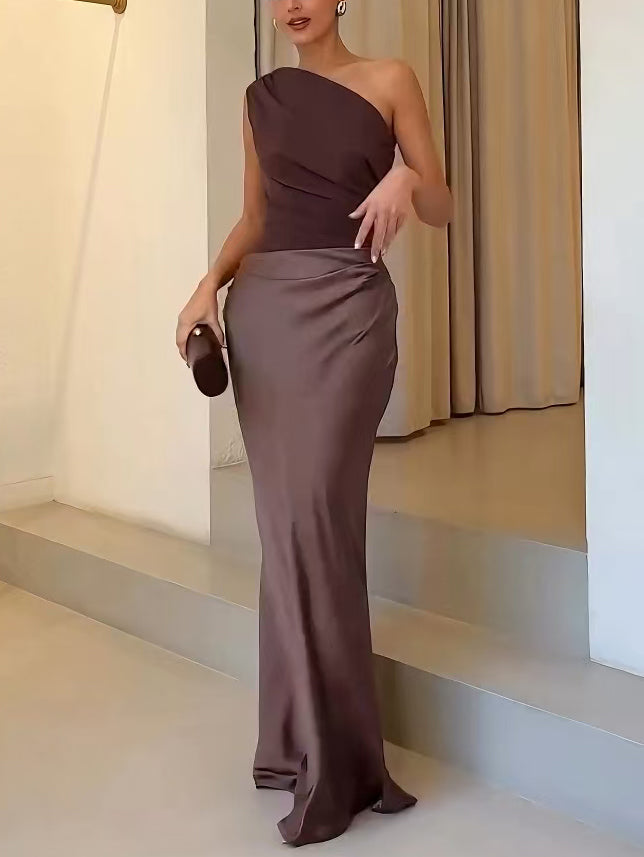 Anita | Elegant One-Shoulder Pleated Party Maxi Dress For Women