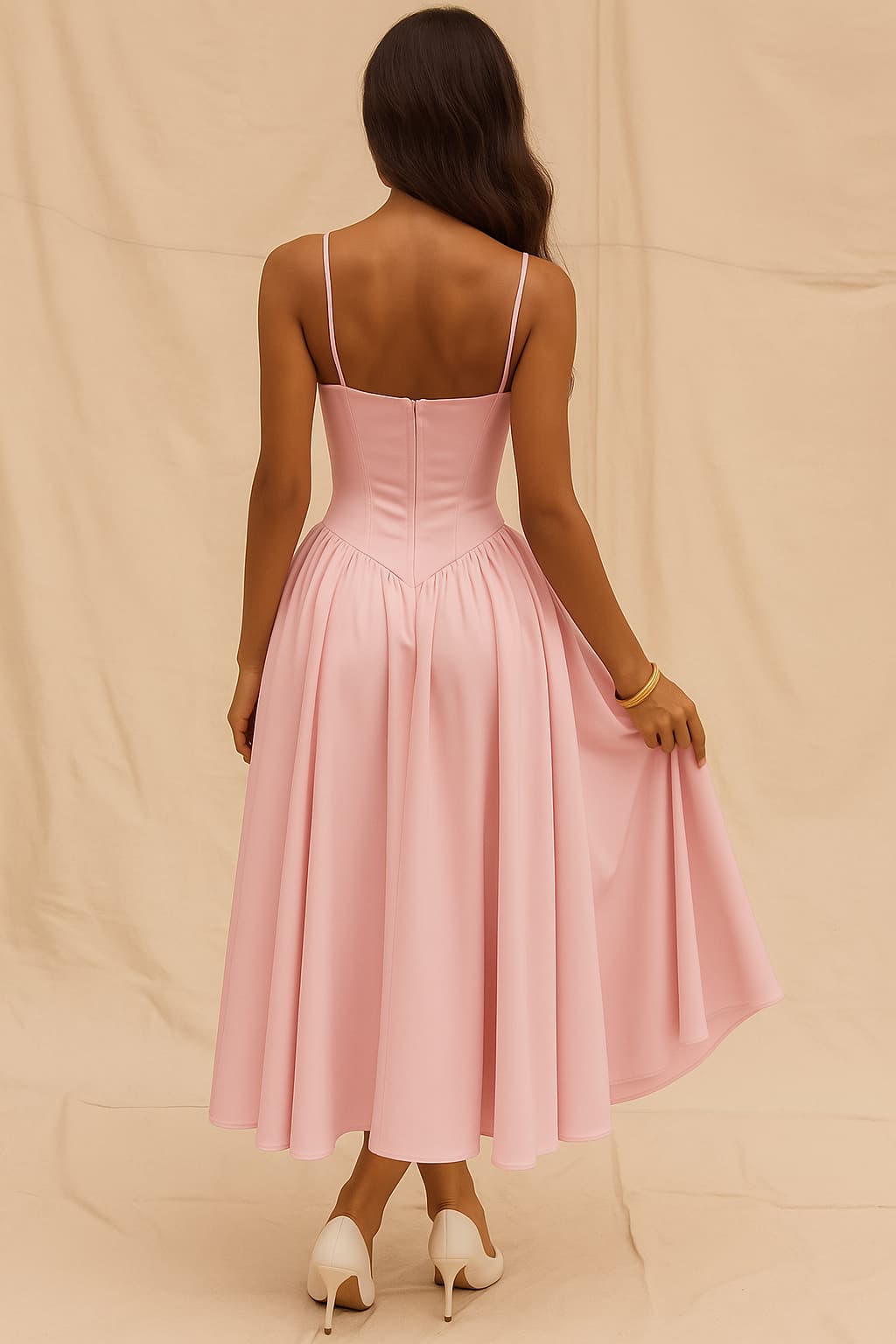 Sophia | Pink Corset A-Line Midi Dress For Wedding Guests