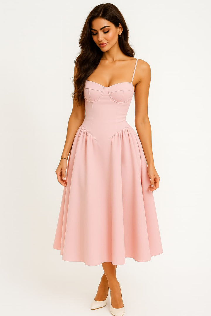 Sophia | Pink Corset A-Line Midi Dress For Wedding Guests