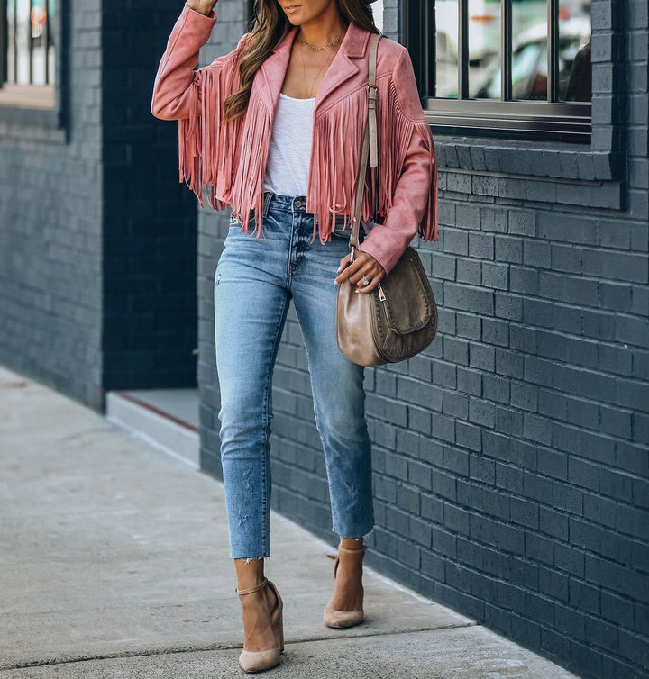 Lila | Cropped Fringed Women’s Jacket With Lapel Collar