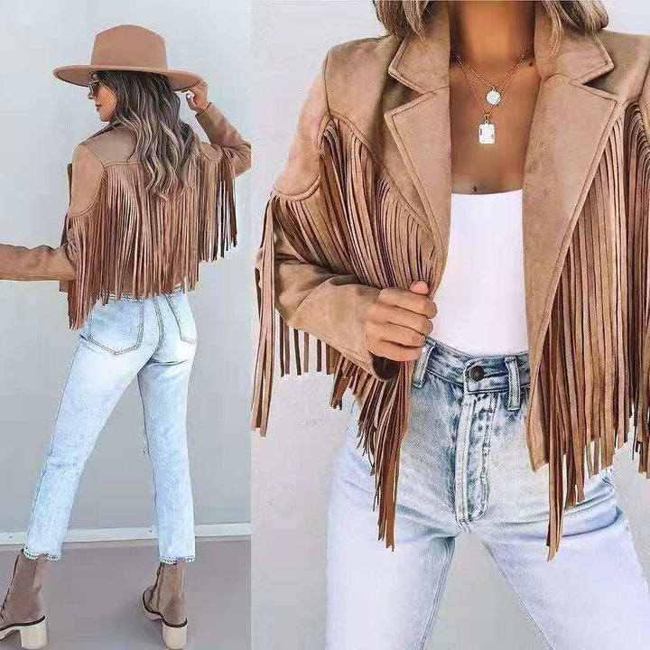 Lila | Cropped Fringed Women’s Jacket With Lapel Collar