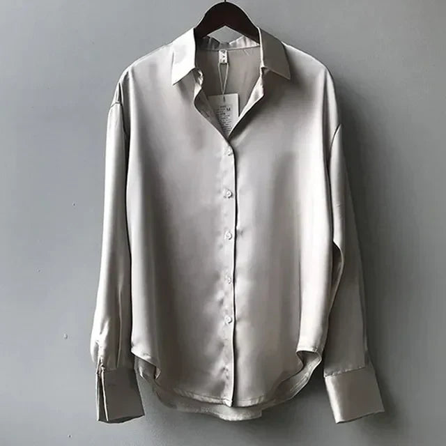 Victoria | Women’s Long Sleeve Button Front Satin Blouse