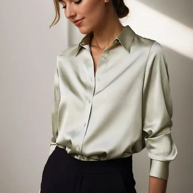 Victoria | Women’s Long Sleeve Button Front Satin Blouse