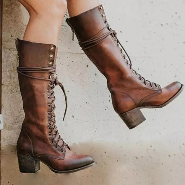 Zara | Lace-Up Knee-High Women’s Boots With Block Heel