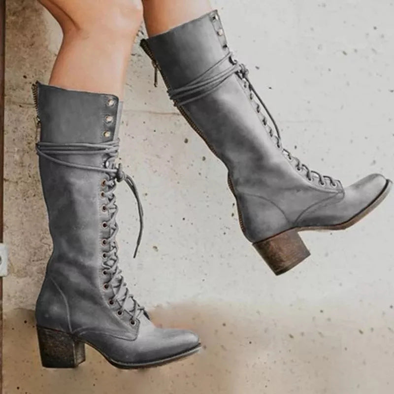 Zara | Lace-Up Knee-High Women’s Boots With Block Heel