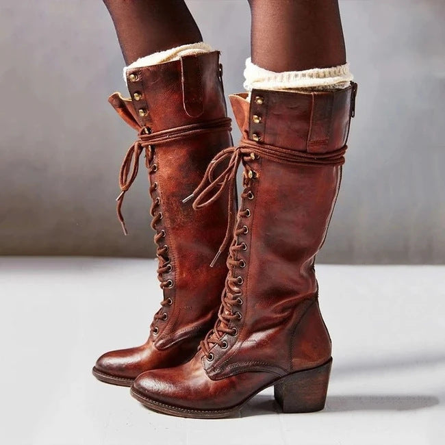 Zara | Lace-Up Knee-High Women’s Boots With Block Heel