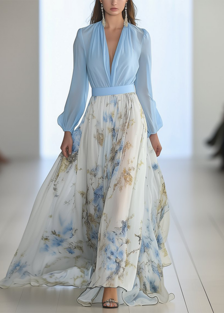 ELENA | Women’s Long-Sleeve Maxi Dress With Deep V-Neck And Flowing Printed Skirt