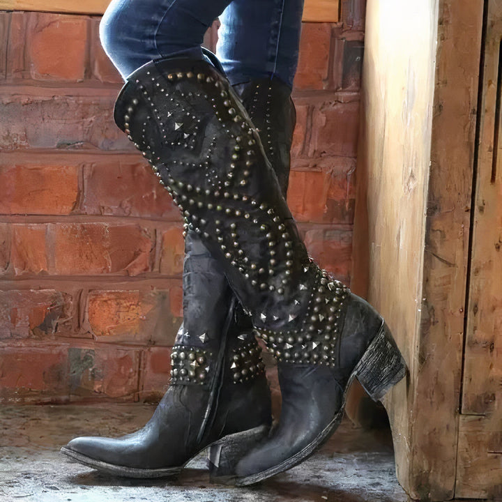 Raven | Western-Inspired Studded Leather Boots with Bold Block Heel for Women