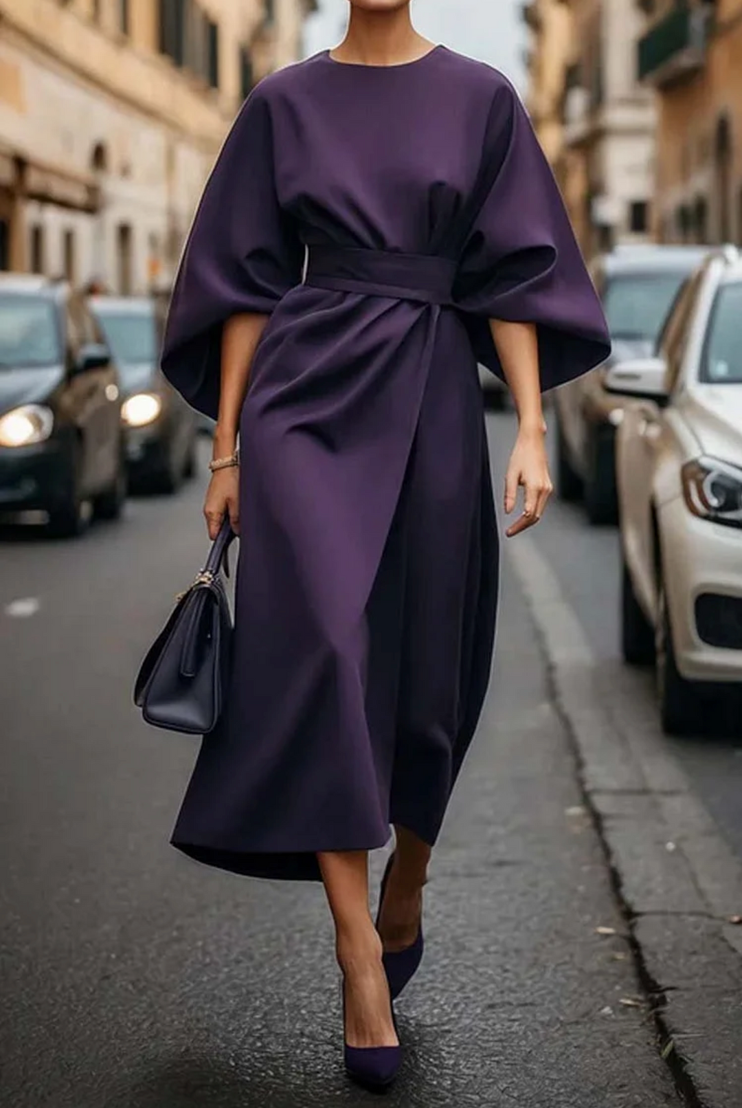 Elara | Refined Lantern Sleeve Dress With Waist-Defining Belt
