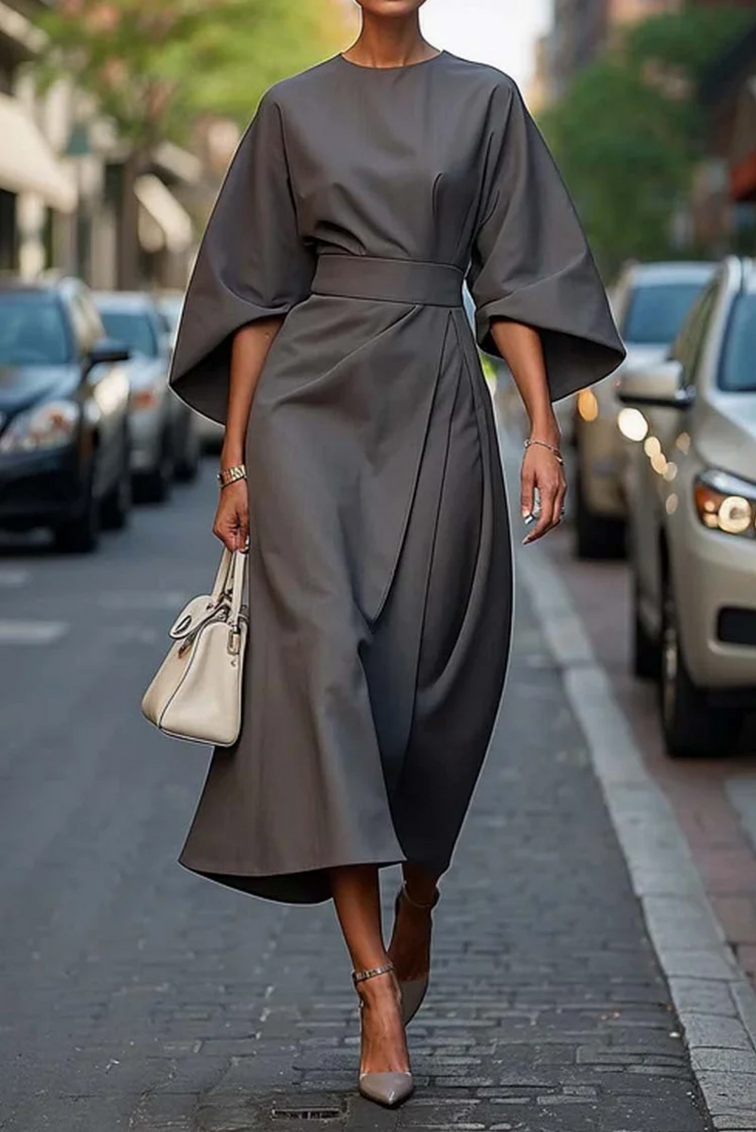 Sophia | Elegant Lantern-Sleeve Dress With Waist Belt