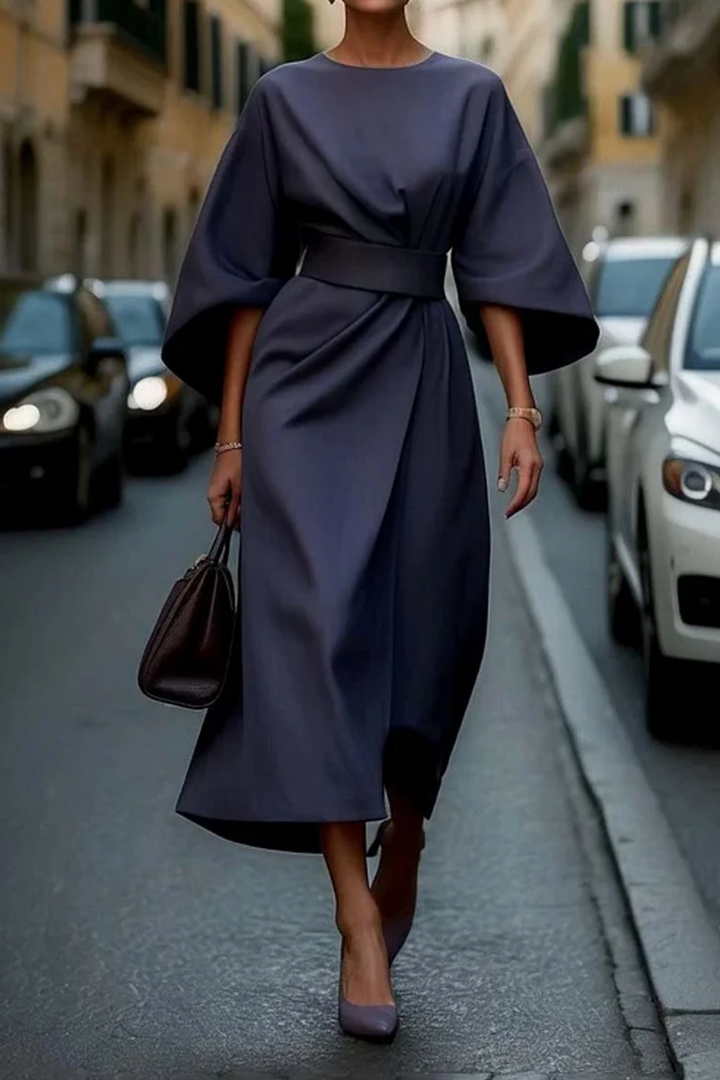 Elara | Refined Lantern Sleeve Dress With Waist-Defining Belt