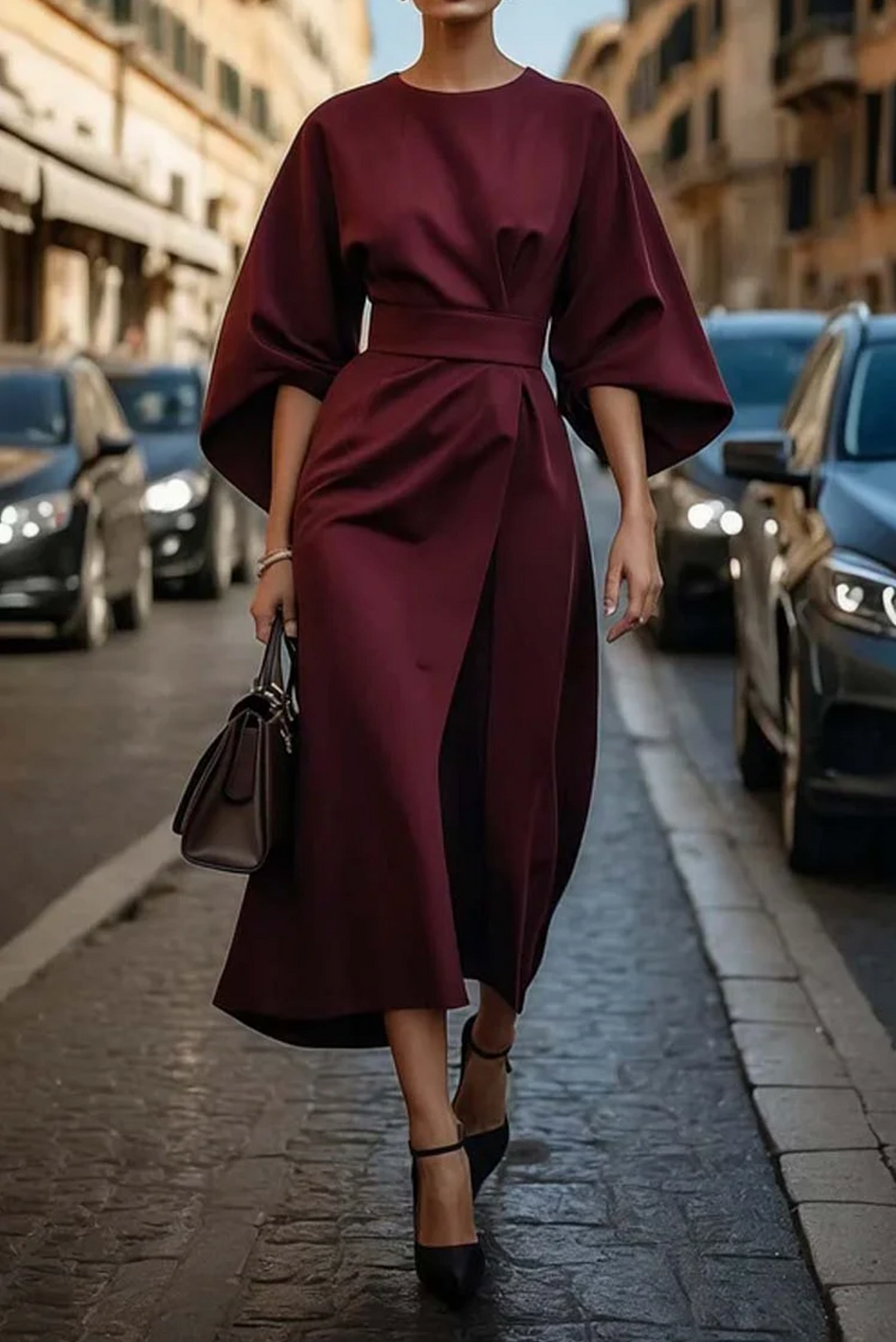Elara | Refined Lantern Sleeve Dress With Waist-Defining Belt