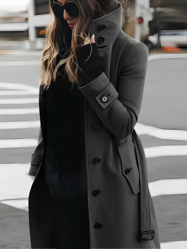 Elena | Long Elegant Women’s Coat With High Collar And Waist Tie