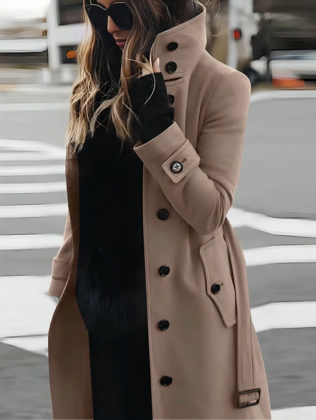 Elena | Long Elegant Women’s Coat With High Collar And Waist Tie