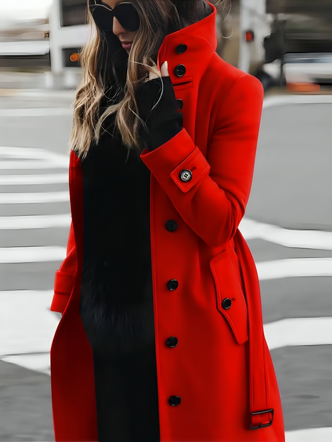 Elena | Long Elegant Women’s Coat With High Collar And Waist Tie
