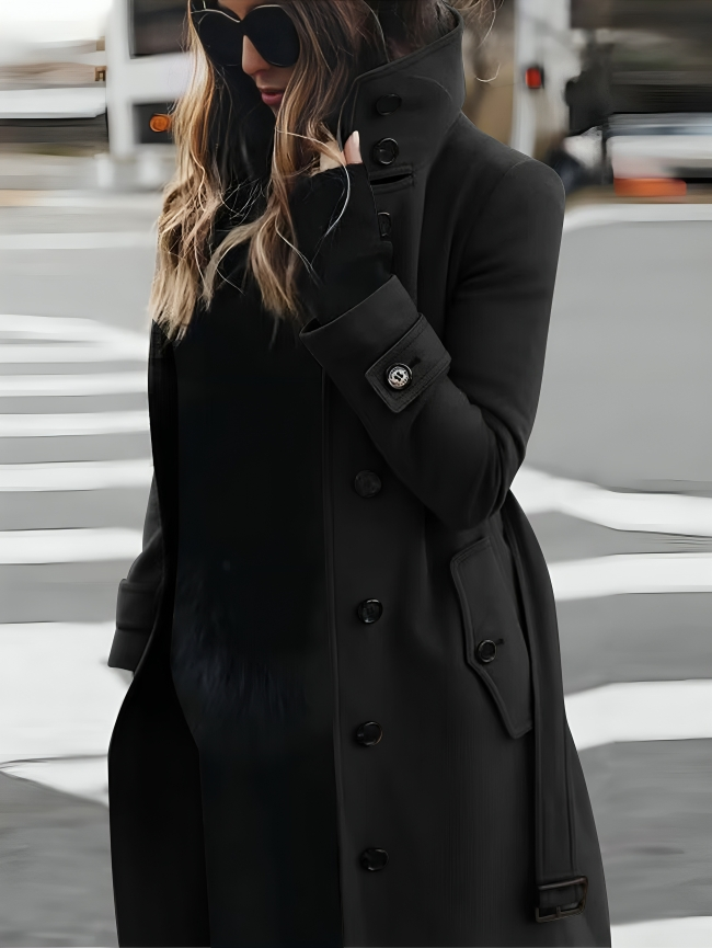 Elena | Long Elegant Women’s Coat With High Collar And Waist Tie