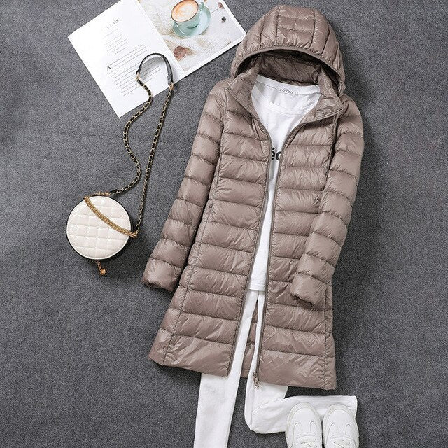Elena | Insulated Long Down Coat With Removable Hood For Women