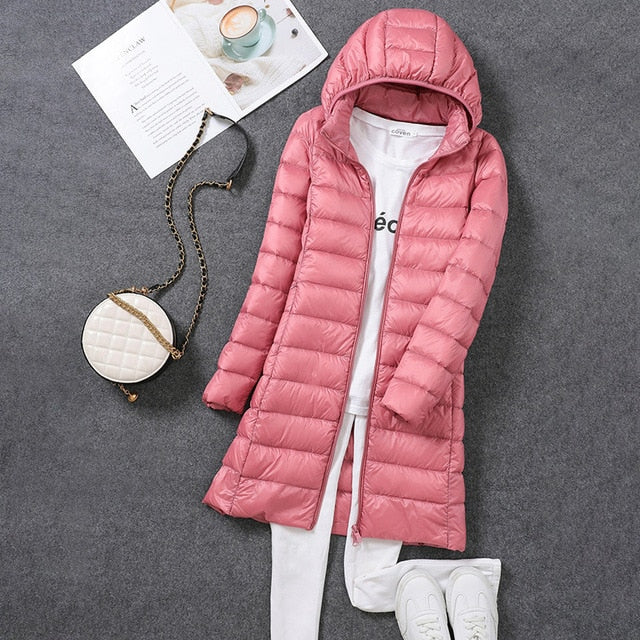 Elena | Insulated Long Down Coat With Removable Hood For Women