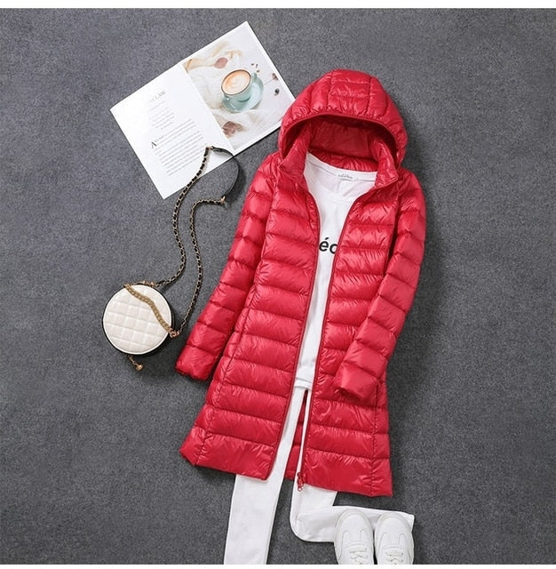 Elena | Insulated Long Down Coat With Removable Hood For Women