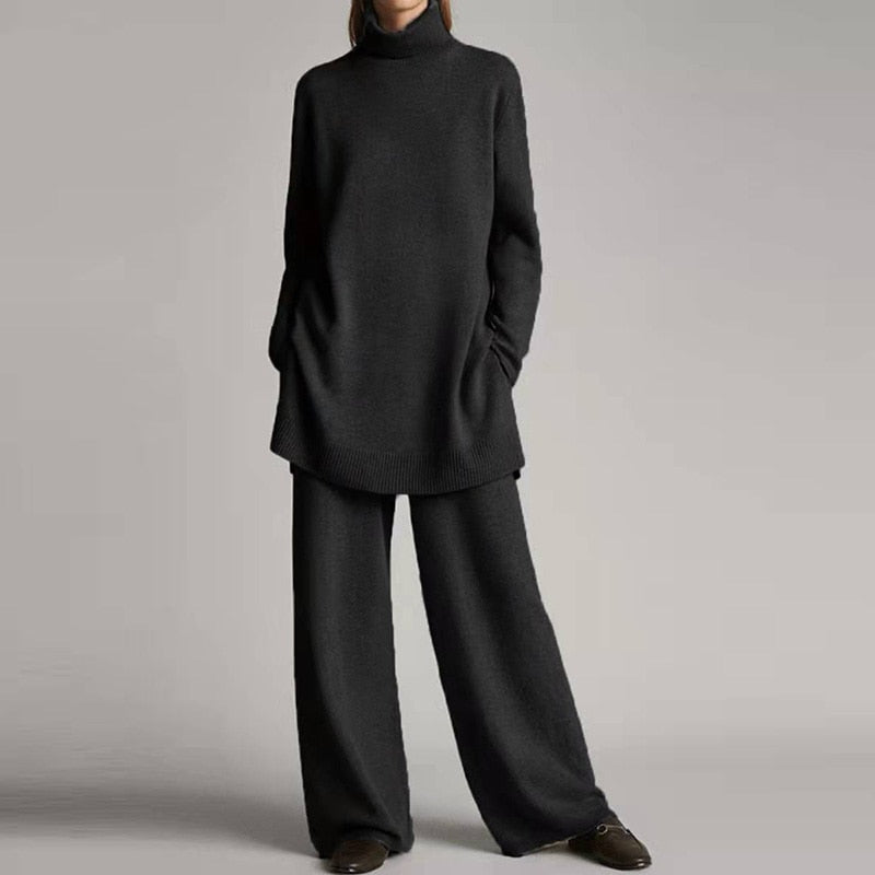 Ava | Women’s Cozy Two-Piece Lounge Set With Turtleneck Top And Flowing Wide-Leg Pants