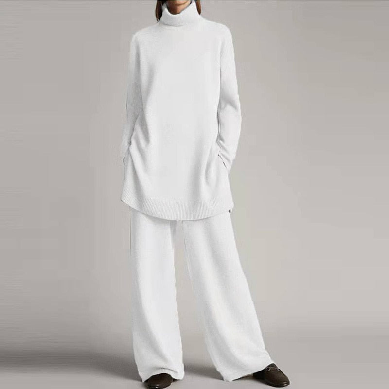 Ava | Women’s Cozy Two-Piece Lounge Set With Turtleneck Top And Flowing Wide-Leg Pants