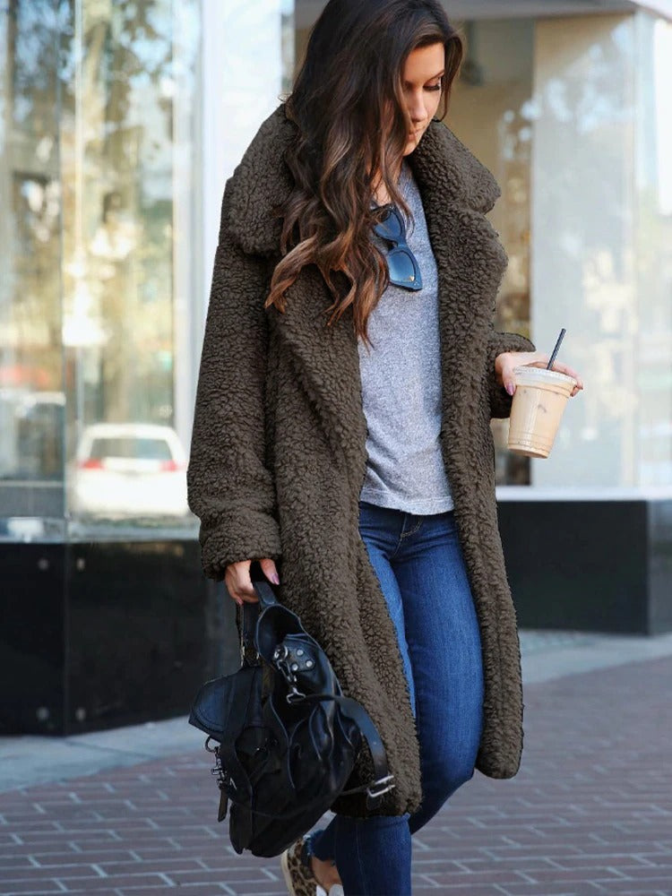 OLIVIA | Women’s Long Oversized Teddy Winter Coat With Classic Lapel Collar