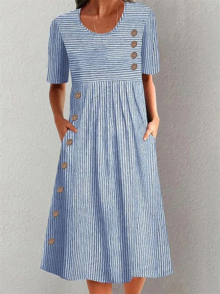 Emily | Women’s Striped A-Line Midi Dress with Button Detail