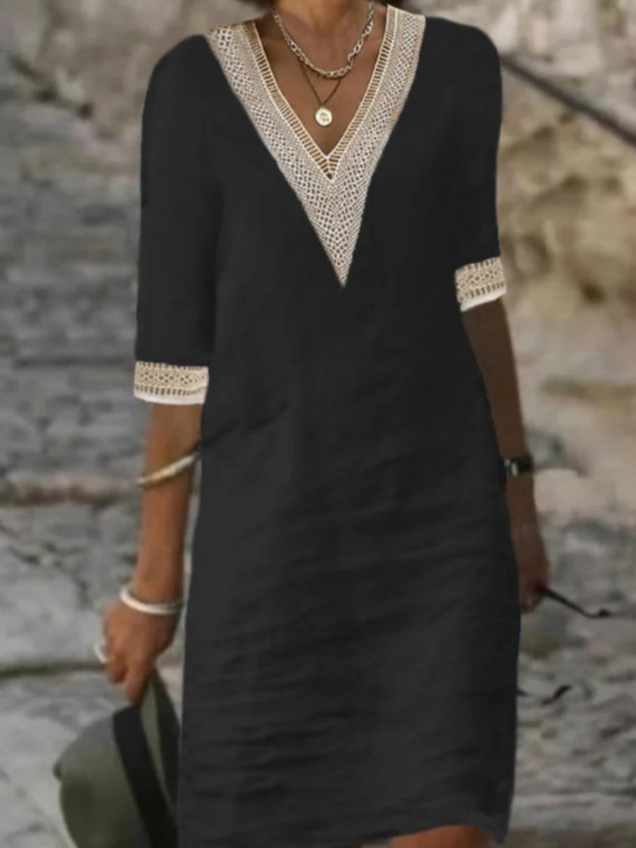 Elara | Linen-Blend Casual V-Neck Dress With Lace Detail For Women