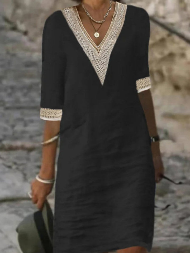 Elara | Linen-Blend Casual V-Neck Dress With Lace Detail For Women