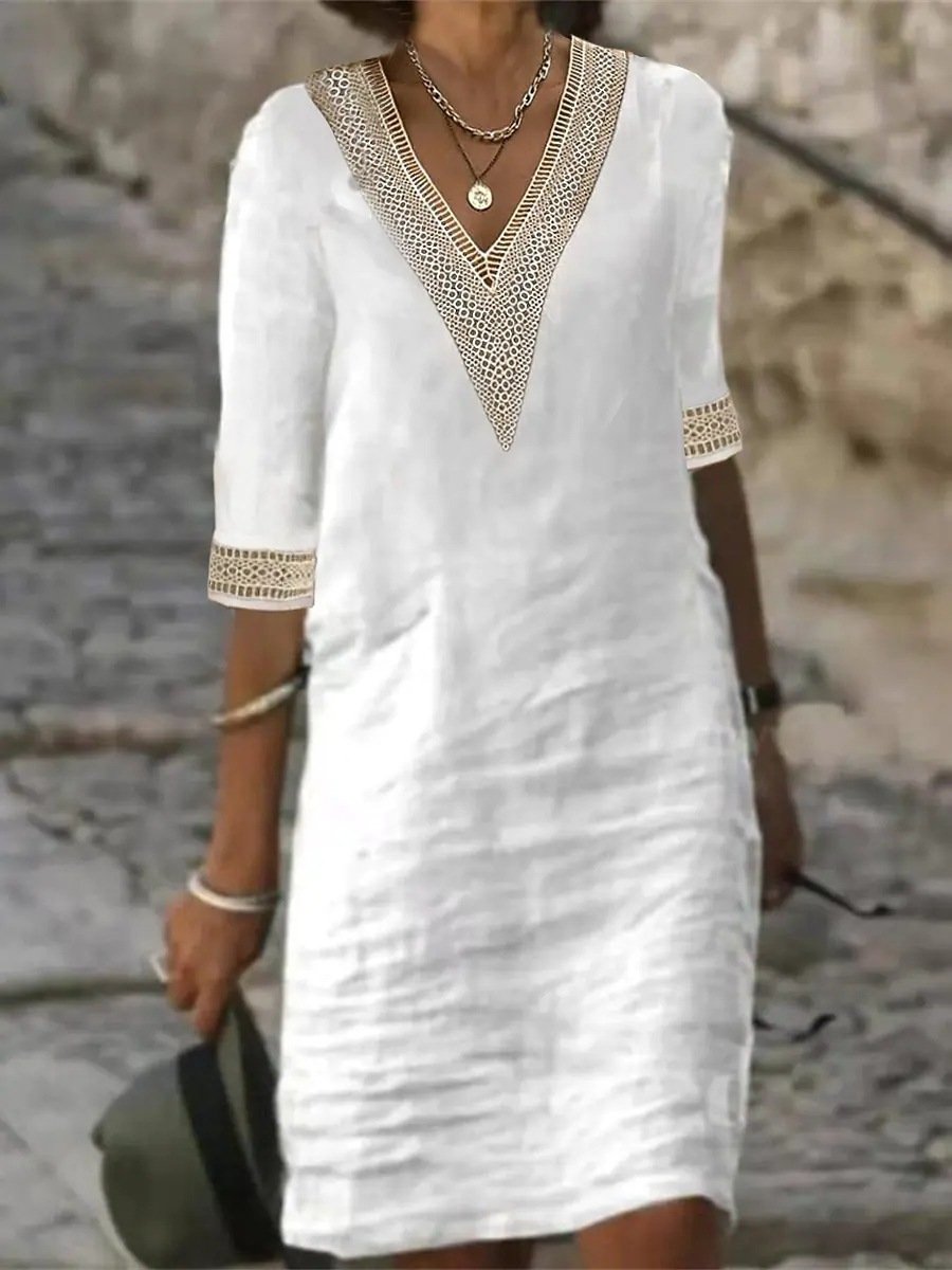 Elara | Linen-Blend Casual V-Neck Dress With Lace Detail For Women