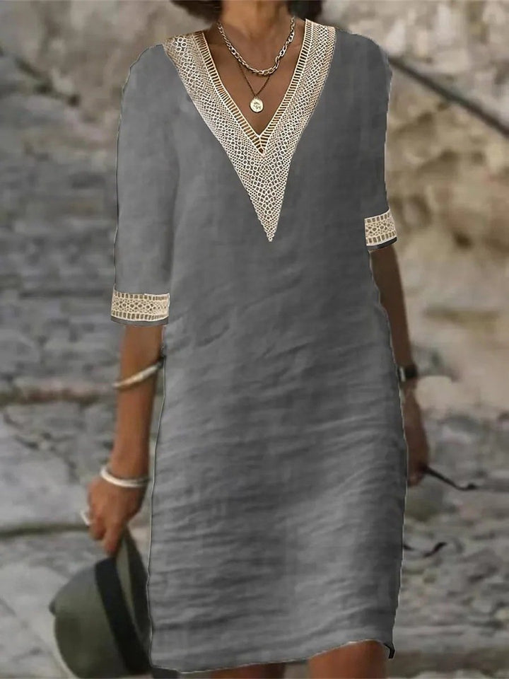 Elara | Linen-Blend Casual V-Neck Dress With Lace Detail For Women