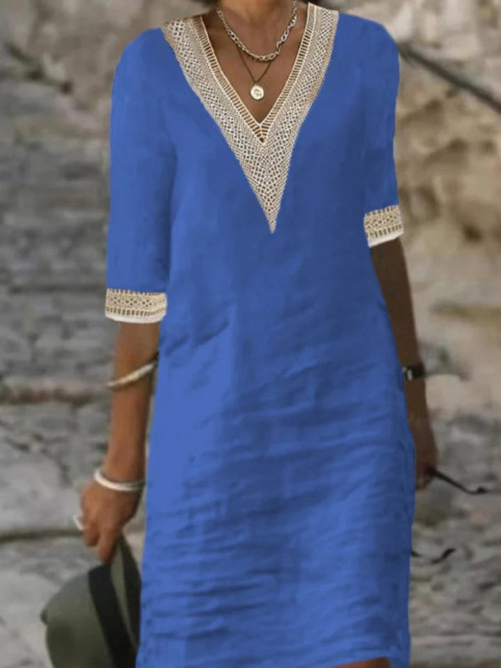 Elara | Linen-Blend Casual V-Neck Dress With Lace Detail For Women